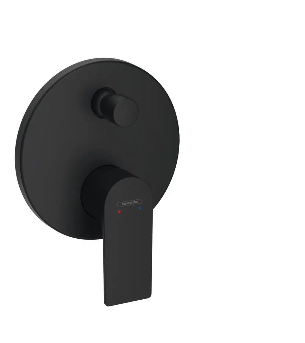 Schwarzer Unterputz-Wannenmischer mit einem Hebel und betriebsbereiten Temperaturanzeigen. Design von Hansgrohe, geeignet für Montage in Badezimmern.